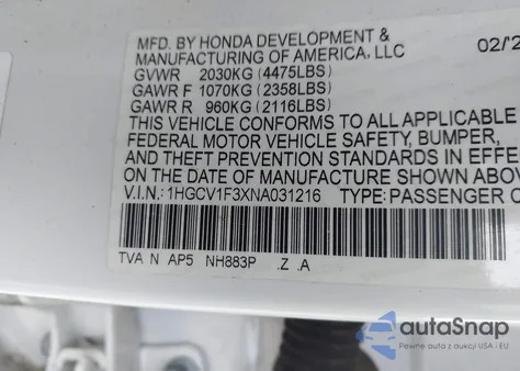 2022 Honda Accord Sport from USA, damaged, VIN 1HGCV1F3XNA031216